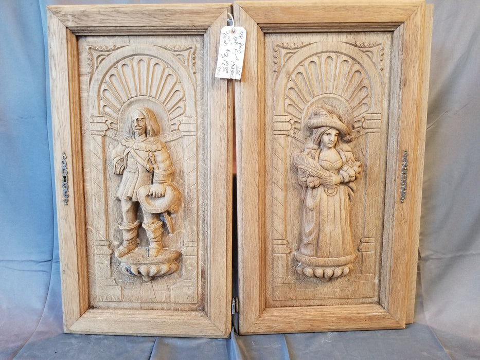 PAIR OF FIGURAL CARVED FRENCH RAW OAK CABINET DOORS