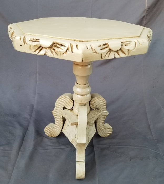 SINGLE CARVED EDGE PAINTED PEDESTAL SIDE TABLE (one of two)