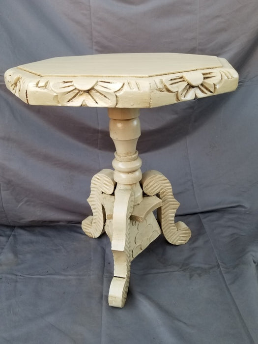 SINGLE CARVED EDGE PAINTED PEDESTAL SIDE TABLE ( one of two)