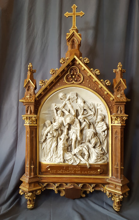INCREDIBLE LARGE FRENCH STATION OF THE CROSS, JESUS IS TAKEN DOWN FROM THE CROSS