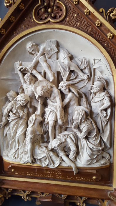 INCREDIBLE LARGE FRENCH STATION OF THE CROSS, JESUS IS TAKEN DOWN FROM THE CROSS