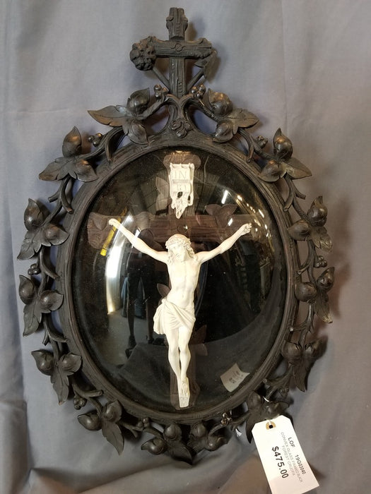 CRUCIFIX IN BLACK FOREST CARVED FRAMED WITH CONVEX GLASS  #19G03040