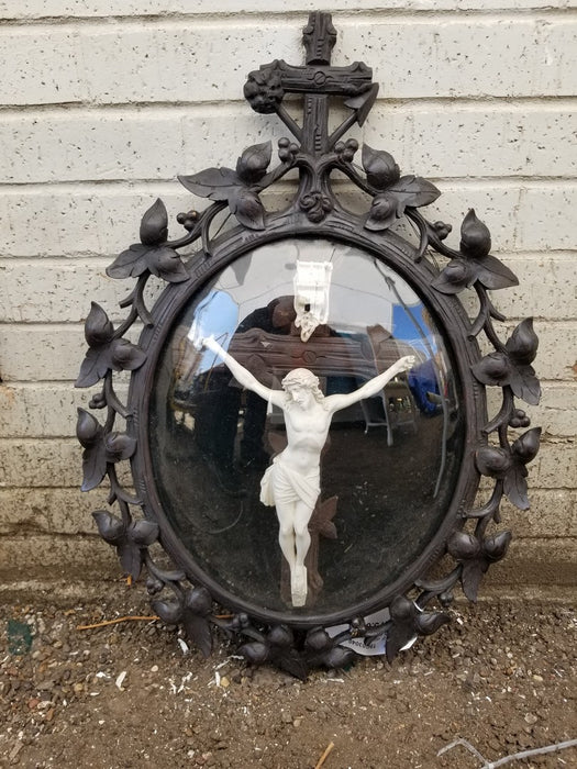 CRUCIFIX IN BLACK FOREST CARVED FRAMED WITH CONVEX GLASS  #19G03040
