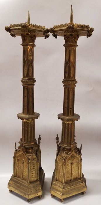 PAIR OF LARGE FRENCH BRONZE GOTHIC STYLE PRICKETS-ecclesiastical