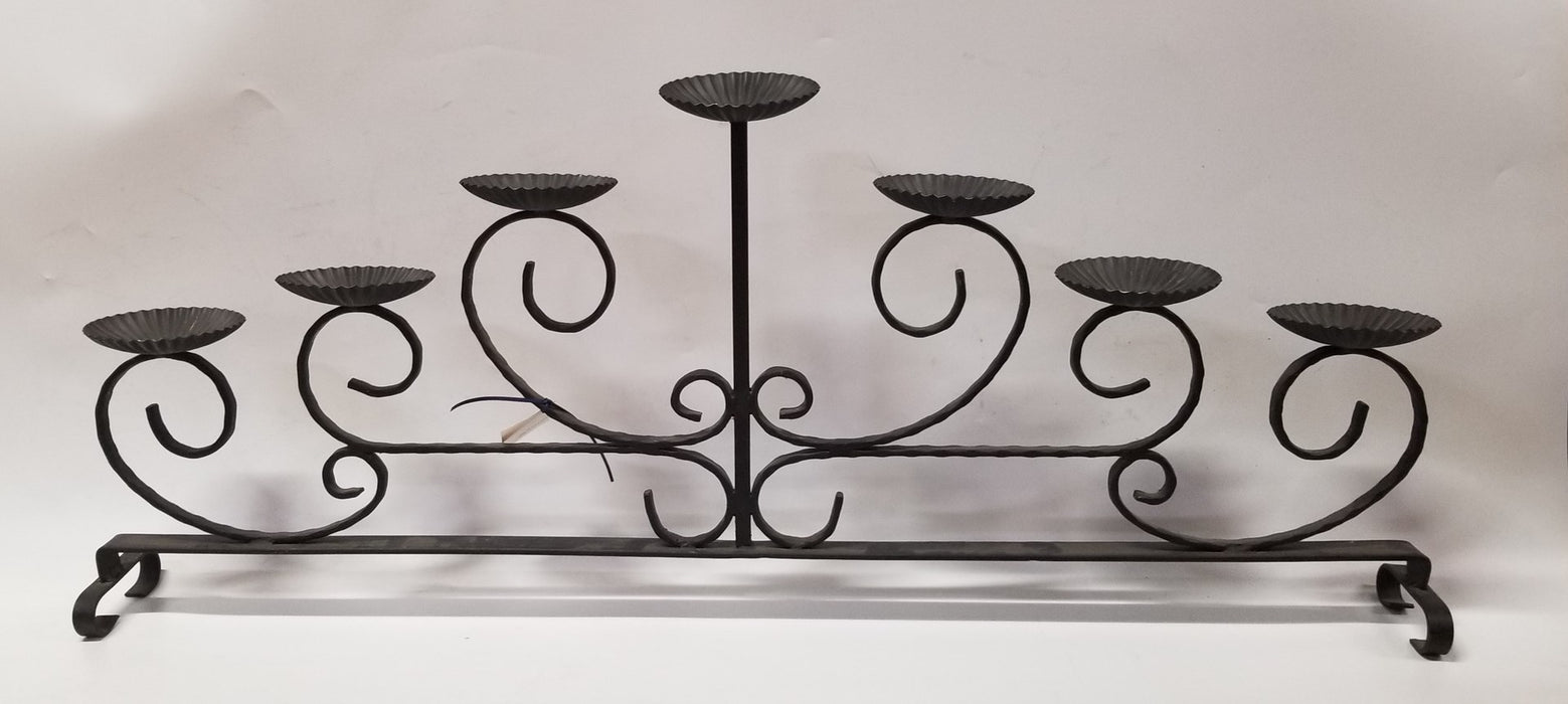LARGE BLACK WROUGHT IRON 7 PILLAR CANDLE STAND