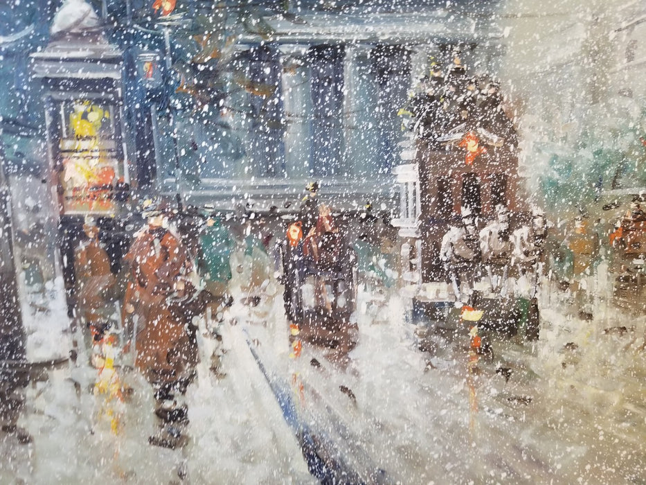 LARGE PARIS STREET SCENE IN THE SNOW OIL PAINTING BY ANTONIO BLANCHARD