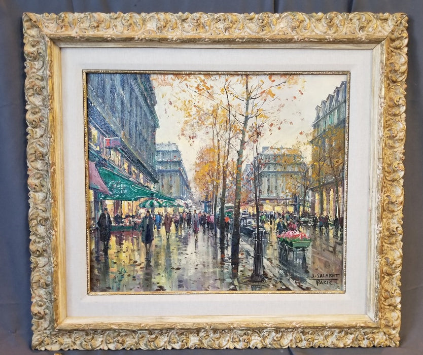 IMPRESSIONIST OIL PAINTING OF PARIS STREET IN SPRINGTIME BY J. SALABET