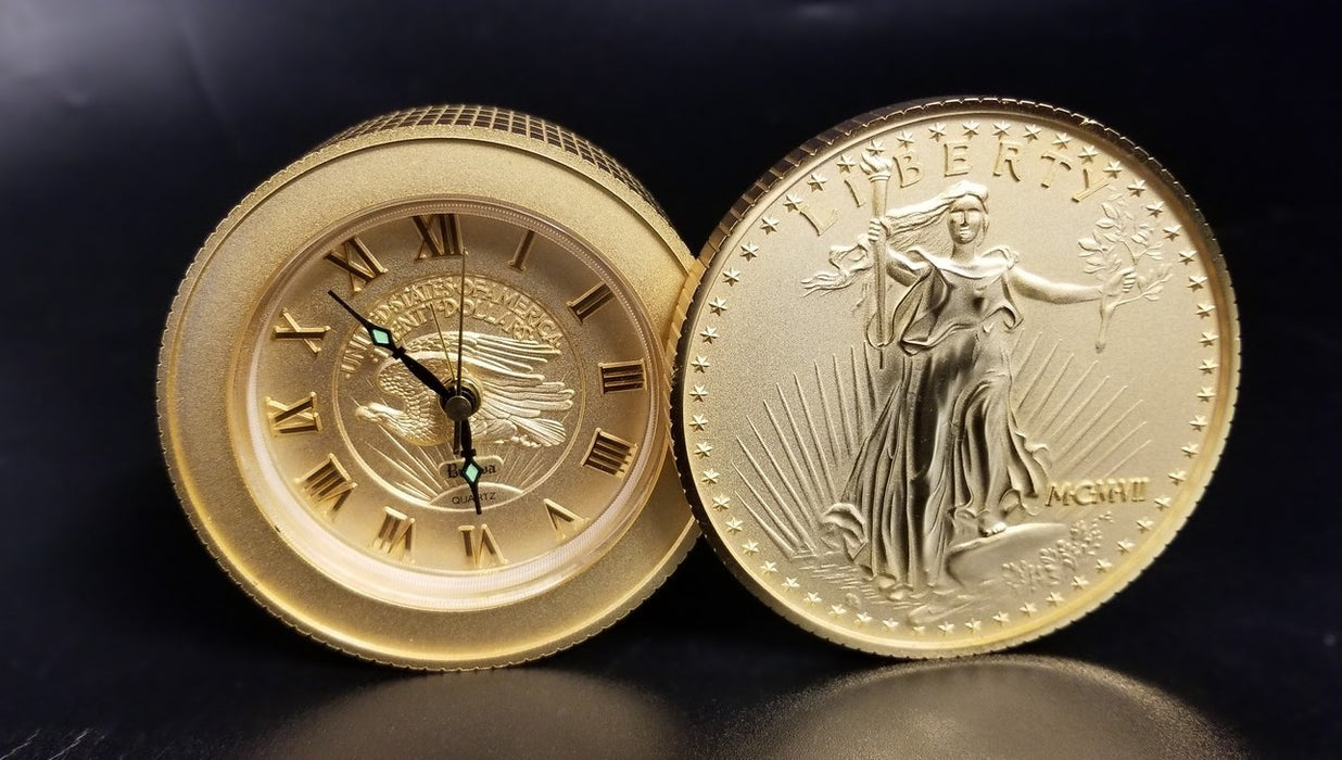 BULOVA GOLD COIN CLOCK WITH ORIGINAL BOX
