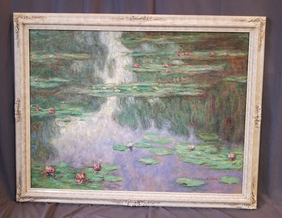 BEAUTIFUL OIL PAINTING OF LARGE LILY PAD POND IN THE STYLE OF MONET