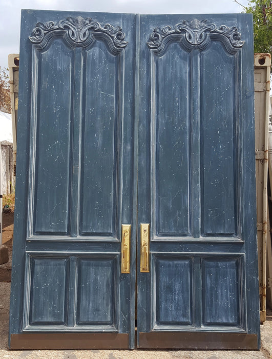 PAIR TALL BLUE PAINTED DOORS WITH BRASS HARDWARE