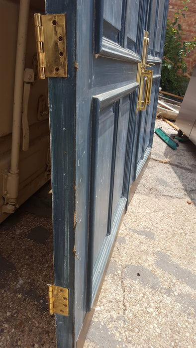 PAIR TALL BLUE PAINTED DOORS WITH BRASS HARDWARE