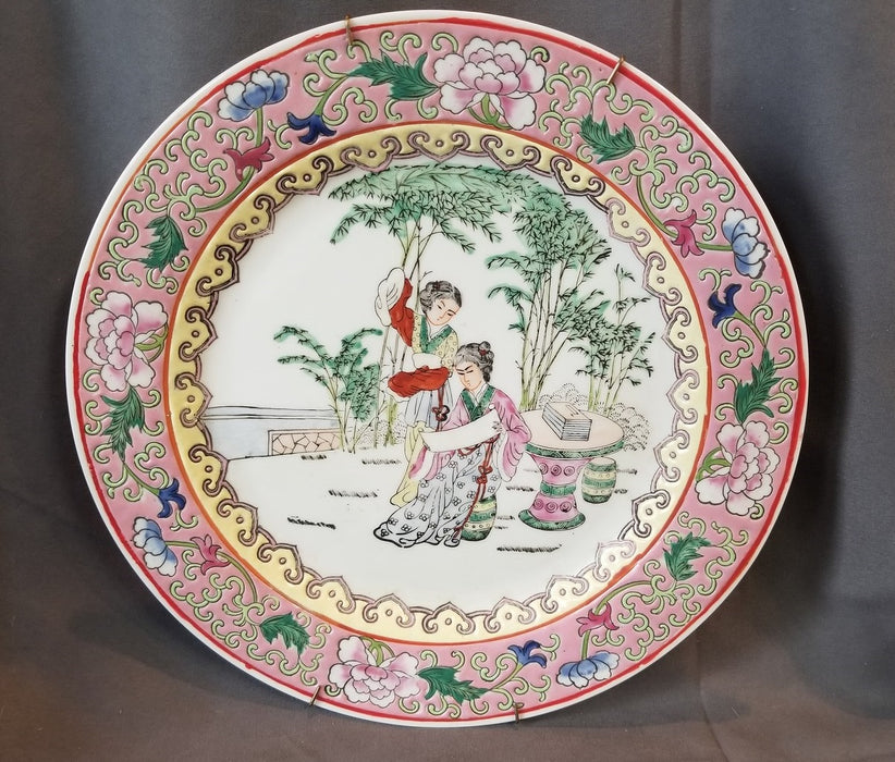 PINK COLOR ASIAN PLATE WITH GIRLS IN A GARDEN