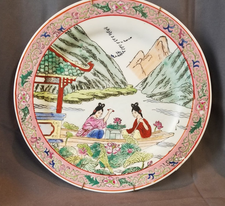 PINK COLOR ASIAN PLATE WITH GIRLS ON BOAT