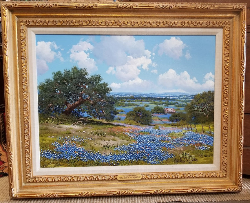 TEXAS BLUEBONNET WITH BARN OIL PAINTING BY WA SLAUGHTER