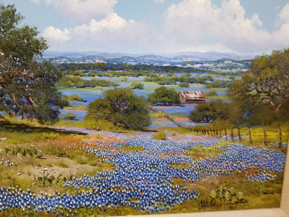TEXAS BLUEBONNET WITH BARN OIL PAINTING BY WA SLAUGHTER