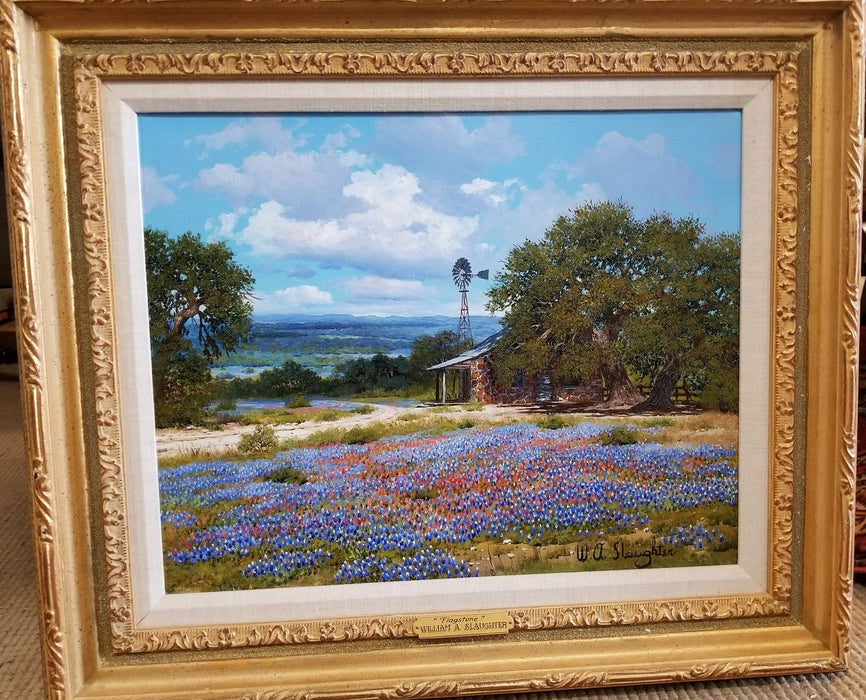 TEXAS BLUEBONNET WITH WINDMILL OIL PAINTING BY WA SLAUGHTER