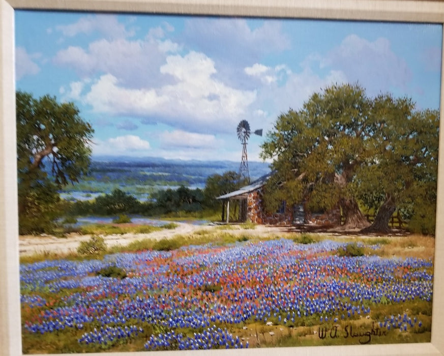 TEXAS BLUEBONNET WITH WINDMILL OIL PAINTING BY WA SLAUGHTER