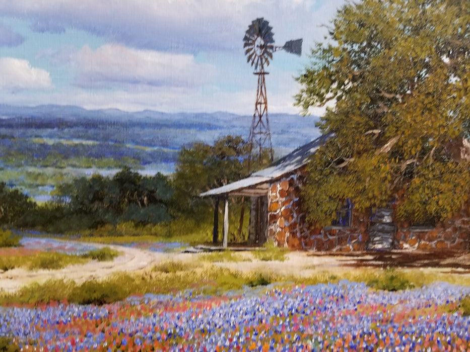 TEXAS BLUEBONNET WITH WINDMILL OIL PAINTING BY WA SLAUGHTER