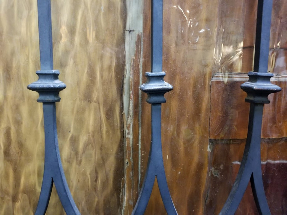 PAIR OF WOOD DOORS WITH GOTHIC IRON INSET WINDOWS