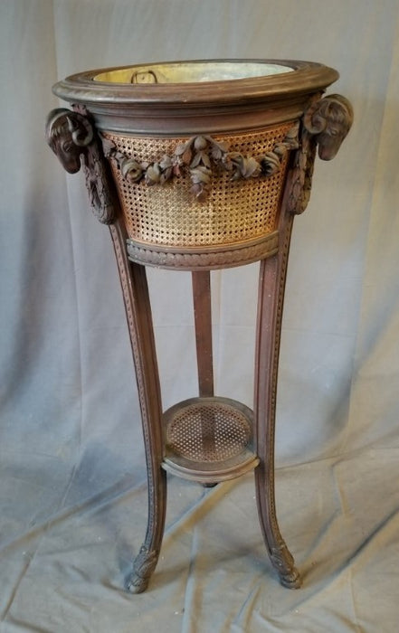 FRENCH RAMS HEAD AND FESTOONS JARDINIERE STAND WITH WICKER SIDES