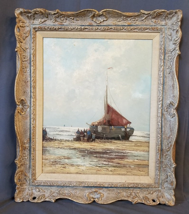 OIL PAINTING OF A SHIP ON THE BEACH BY HEUTER