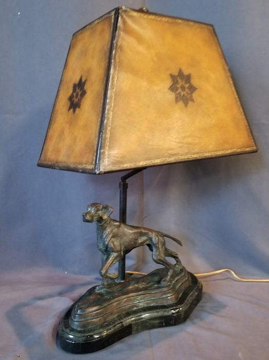 MAITLAND SMITH BRONZE DOG LAMP WITH LEATHER SHADE