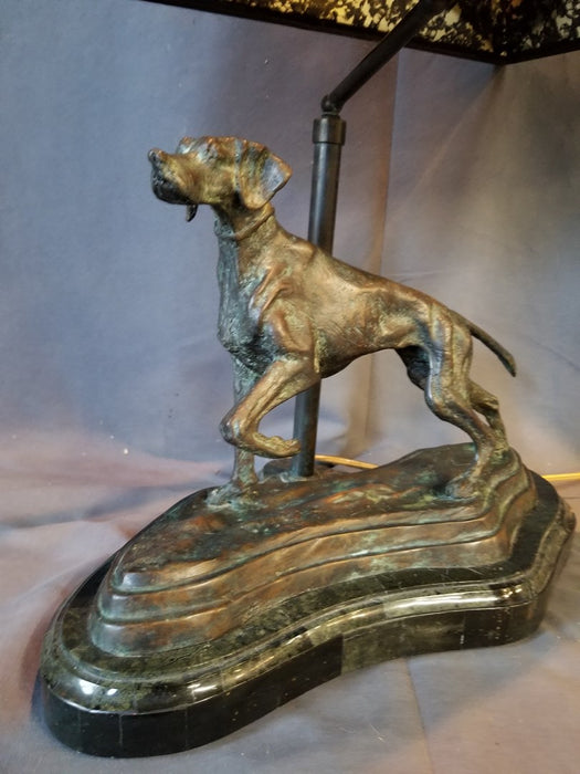 MAITLAND SMITH BRONZE DOG LAMP WITH LEATHER SHADE