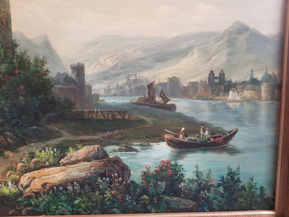 OIL PAINTING OF CASTLE RUINS WITH A BOAT ON A LAKE-NOT OLD