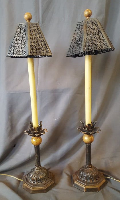 PAIR OF NOT OLD CANDLE STYLE LAMPS WITH PIERCED METAL SHADES