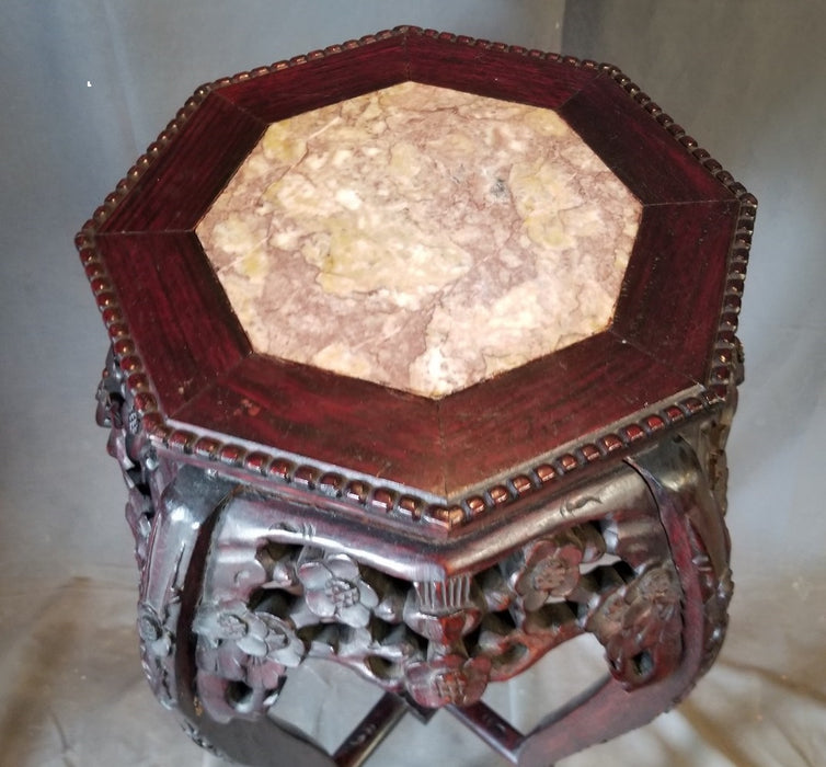 TALL CARVED ASIAN STAND WITH INSET MARBLE TOP