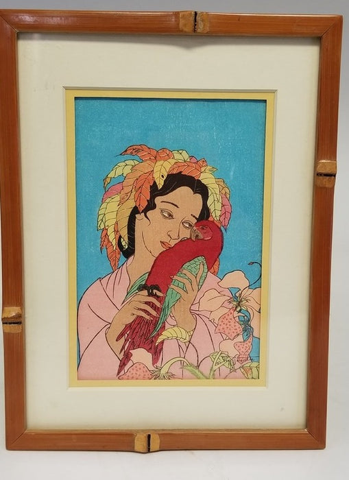 WOOD BLOCK PRINT OF A LADY AND MACAW
