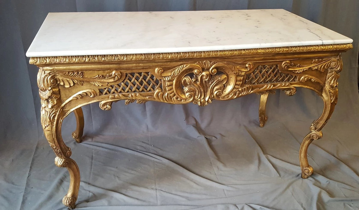 GILT WOOD CARVED CONSOLE WITH WHITE MARBLE
