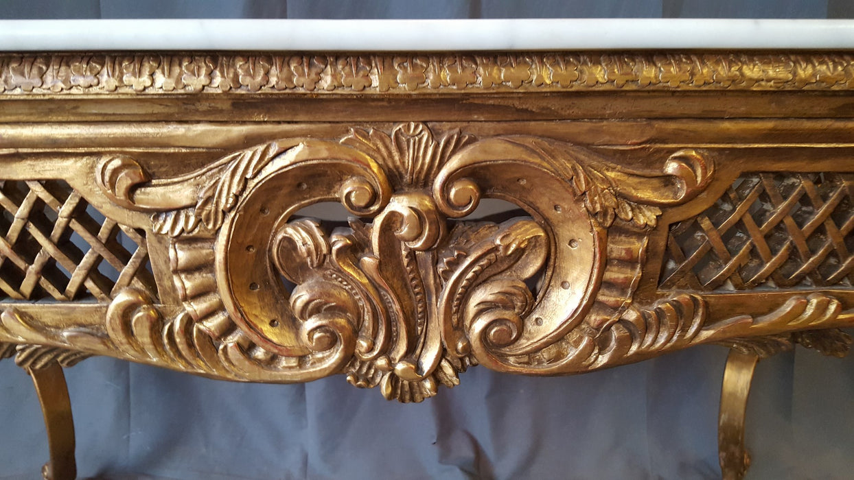 GILT WOOD CARVED CONSOLE WITH WHITE MARBLE