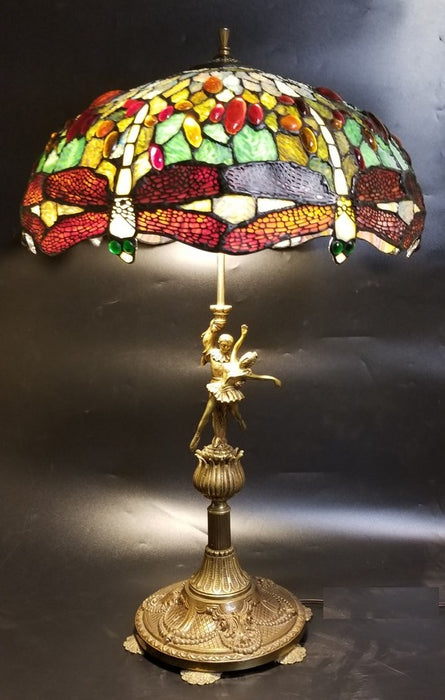 STAINED GLASS LAMP WITH BRASS DANCERS BASE