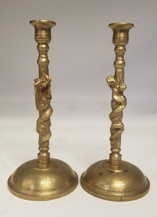 PAIR OF BRASS DRAGON CANDLE STANDS