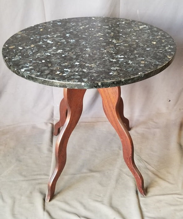 PAIR OF FUNKY  WOOD BASE TABLES WITH ROUND GRANITE TOPS