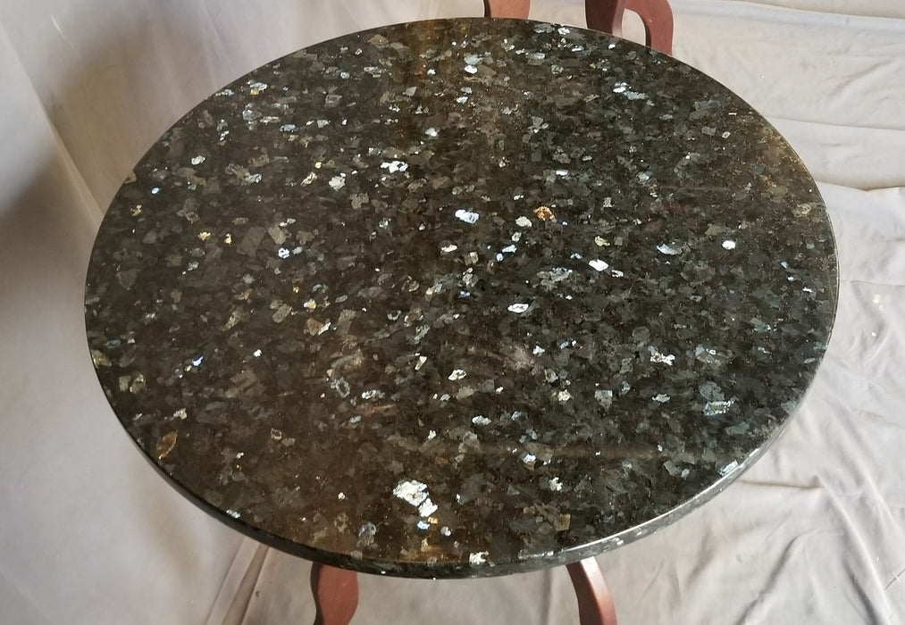 PAIR OF FUNKY  WOOD BASE TABLES WITH ROUND GRANITE TOPS
