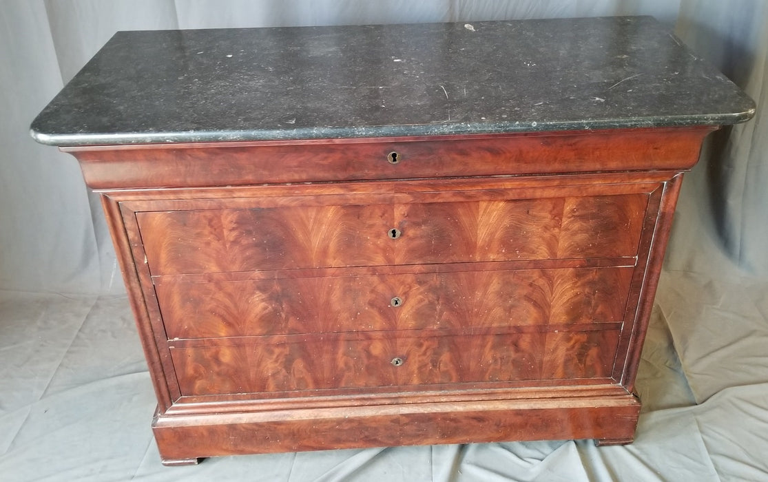 LOUIS PHILIPPE FLAME MAHOGANY MARBLE TOP CHEST WITH SECRET DRAWER