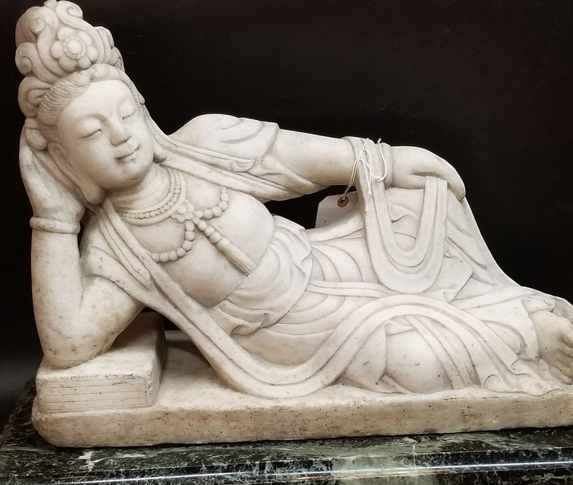 WHITE MARBLE ASIAN STATUE ON GREEN MARBLE BASE