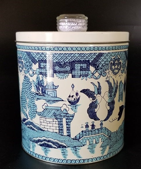 PAIR OF MID CENTURY BLUE AND WHITE CANISTERS