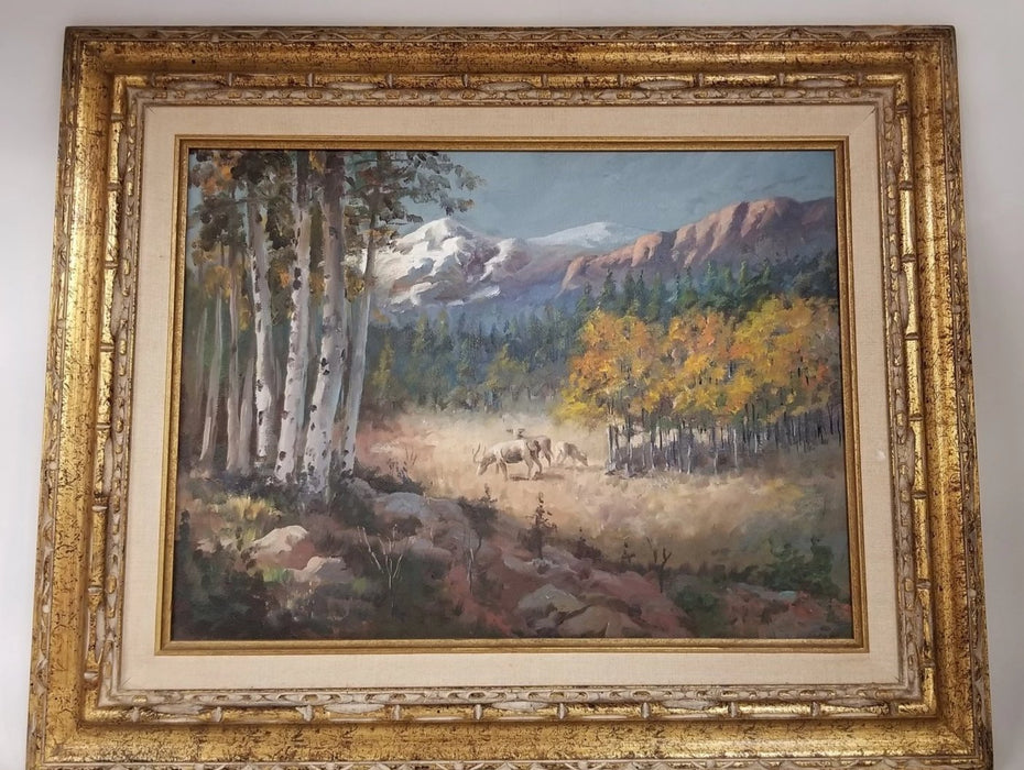 SMALL OIL PAINTING OF DEER AND MOUNTAIN BY JOE R. ROBERTS