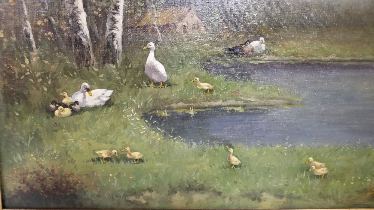 SMALL OIL PAINTING OF DUCKS BY POND by Rieter