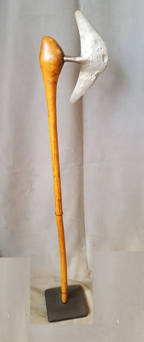 LARGE AFRICAN AXE ON STAND WITH WOOD HANDLE