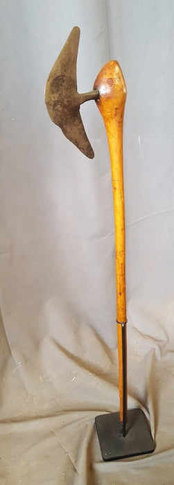 LARGE AFRICAN AXE ON STAND WITH WOOD HANDLE