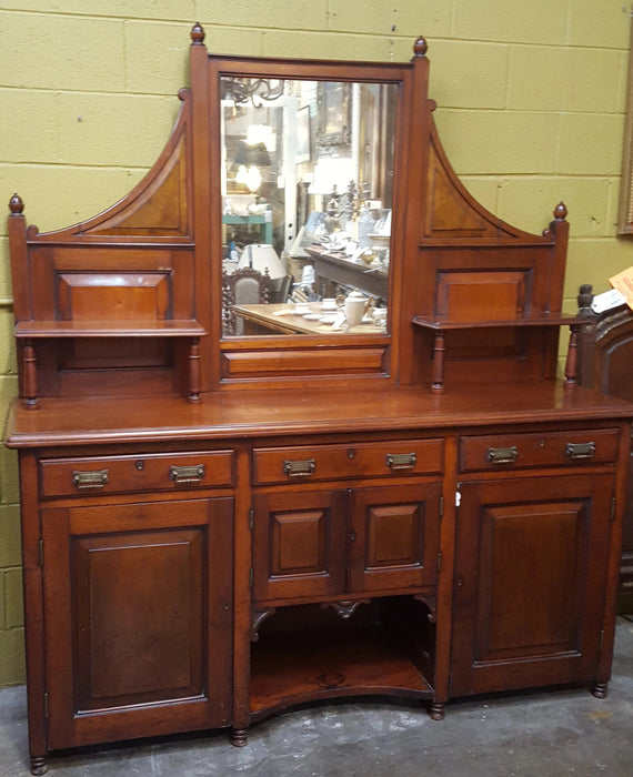 EDWARDIAN SOLID MAHOGANY TURN OF THE CENTURY SIDEBOARD/BUFFET WITH EMBOSSED HARDWARE