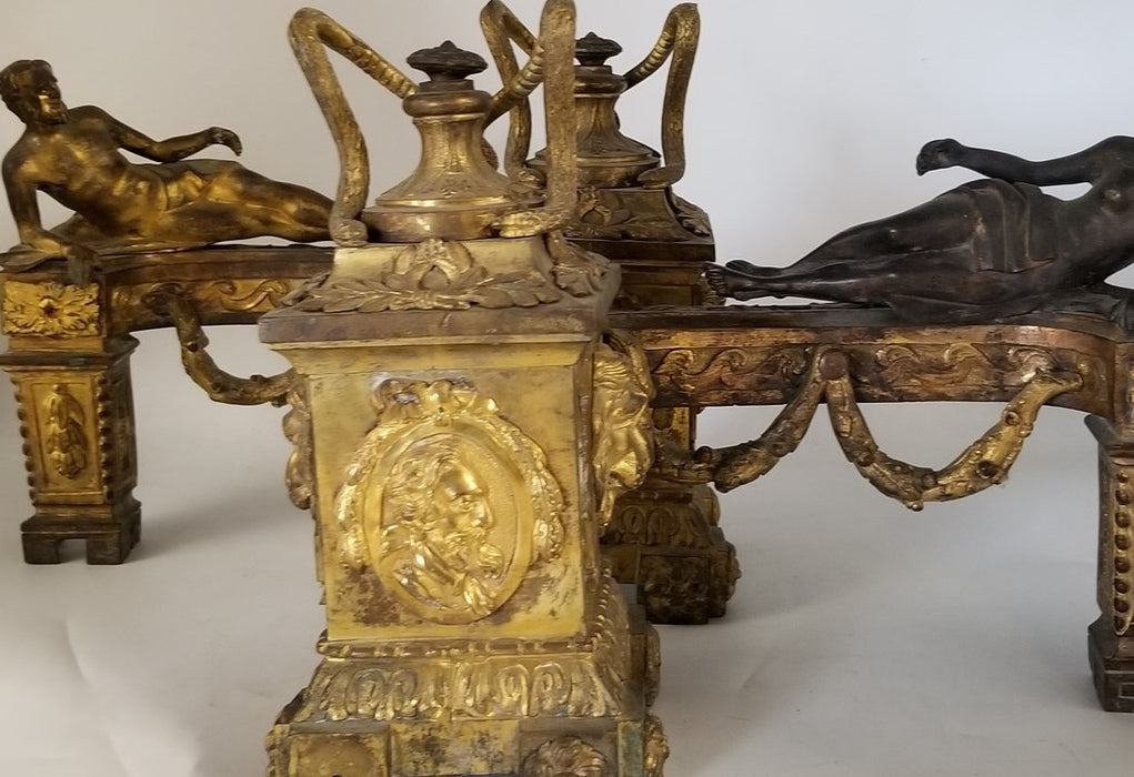 PAIR OF SMALL BRASS ANDIRONS WITH CLASSICAL FIGURES AND SNAKES