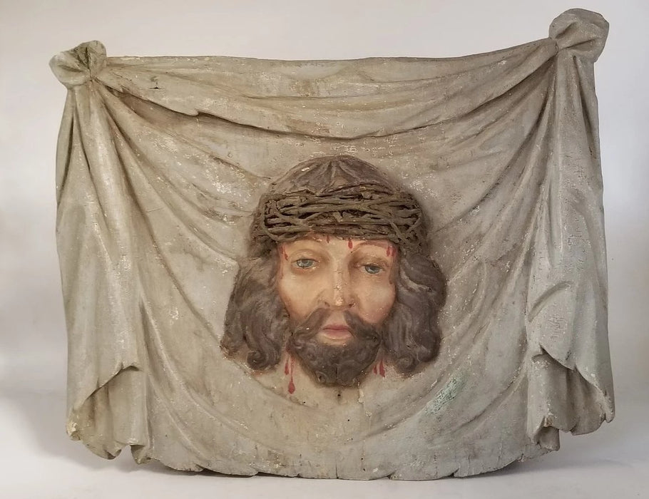 19TH CENTURY CARVED PLAQUE WITH HEAD OF JESUS AND CROWN OF THORNS