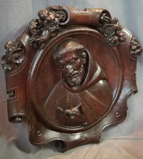 LARGE FRENCH CARVED OAK SAINT FRANCIS PLAQUE 19TH CENTURY