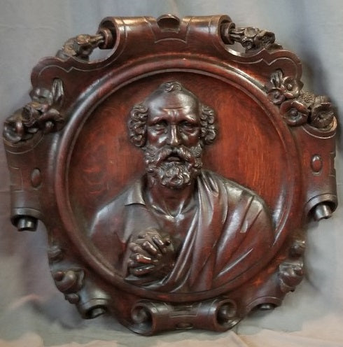 LARGE FRENCH CARVED OAK SAINT PETER PLAQUE 19TH CENTURY