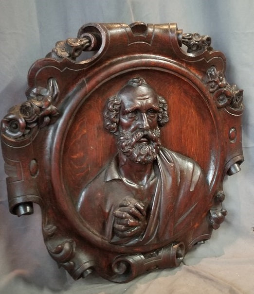 LARGE FRENCH CARVED OAK SAINT PETER PLAQUE 19TH CENTURY